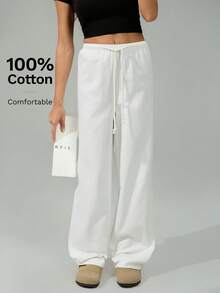 SHEIN Tall 100% 纯棉女式白色梭织裤，舒适秋冬春夏，百搭休闲装 - 白色 - 查看 7