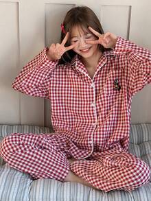 DAZY 青少年/少女（女童）休闲格子家居服套装，宽松舒适卡通图案直筒裤，秋季款 - 紅白色 - 查看 7