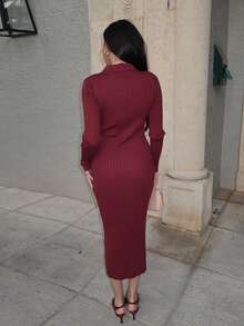 Durrani Popal Vestido de punto elegante de manga larga y ajustado con cuello de mujer de unicolor - Burdeos - Ver 2