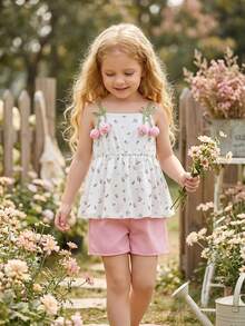 Vintaside Kids 2件組女童時尚數位印花背心，附花朵3D裝飾與鬆緊腰寬鬆短褲，適合休閒、海灘、度假，夏季小女孩兩件套可愛風格女童套裝 - 粉色 - 查看 3