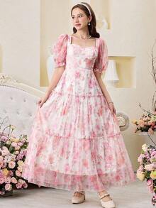 SHEIN 少女碎花雪纺泡泡袖优雅连衣裙 - 粉色 - 查看 4