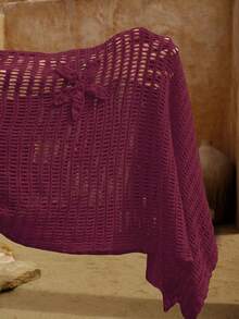 Swim Chiccia 女士休闲3D钩编花卉装饰镂空网纱罩裙，优雅高开衩沙滩长裙，适合春夏、度假和海滩穿着 - 紫紅色 - 查看 6