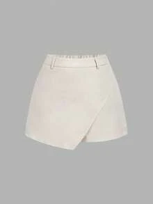 SHEIN MOD 2pcs Apricot & Black Waist Belt Asymmetric Hem Shorts, Retro 70s Style, Suitable For Commute, School, Western Wear. Black White Skort Wrap Front High Waist Minimalist Elegant Sleek Texture Soft Touch A Line Adjustable Waistband Above Knee Artistic Versatile Lightweight Structured Chic Classic Clean Design Smooth Finish Summer Style, Summer Holidays, Vacations , Carnival Costume , Valentines Day , Valentines For Women , Summer , Spring Breaks - Black and White - View 5