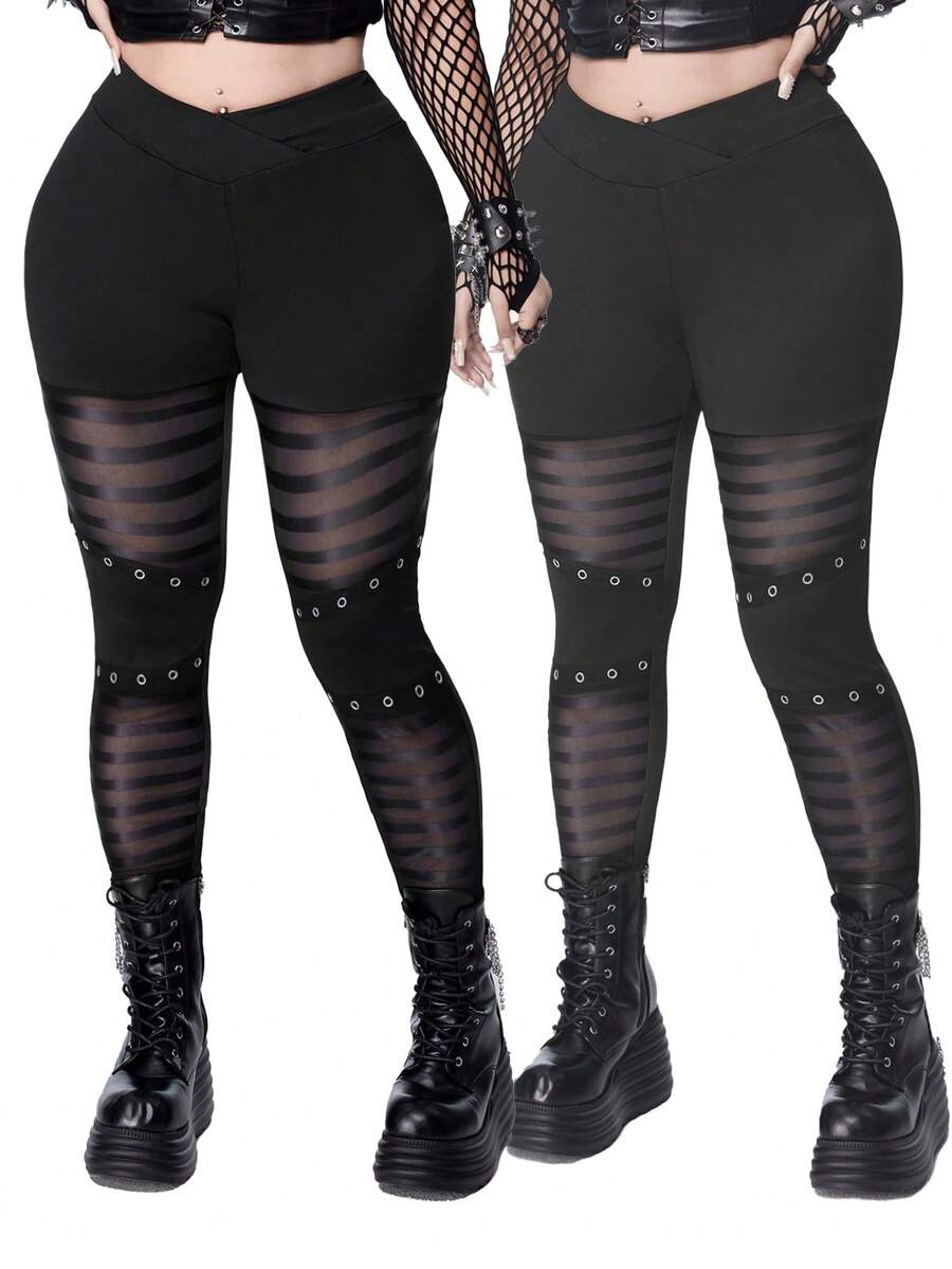 Whyspr 大码朋克风鸡眼织带条纹紧身裤 - 黑色 - 查看 1