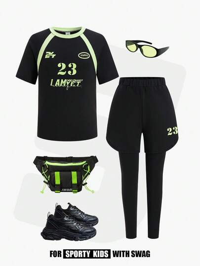 JNSQ Tween Boys 2-pack outfit: Rund halsringning, färgblockstryck, grafiskt tryck, kortärmad t-shirt och slim fit-sportbyxor, lämplig för vår/sommar utomhusaktiviteter, casual, semester, streetwear