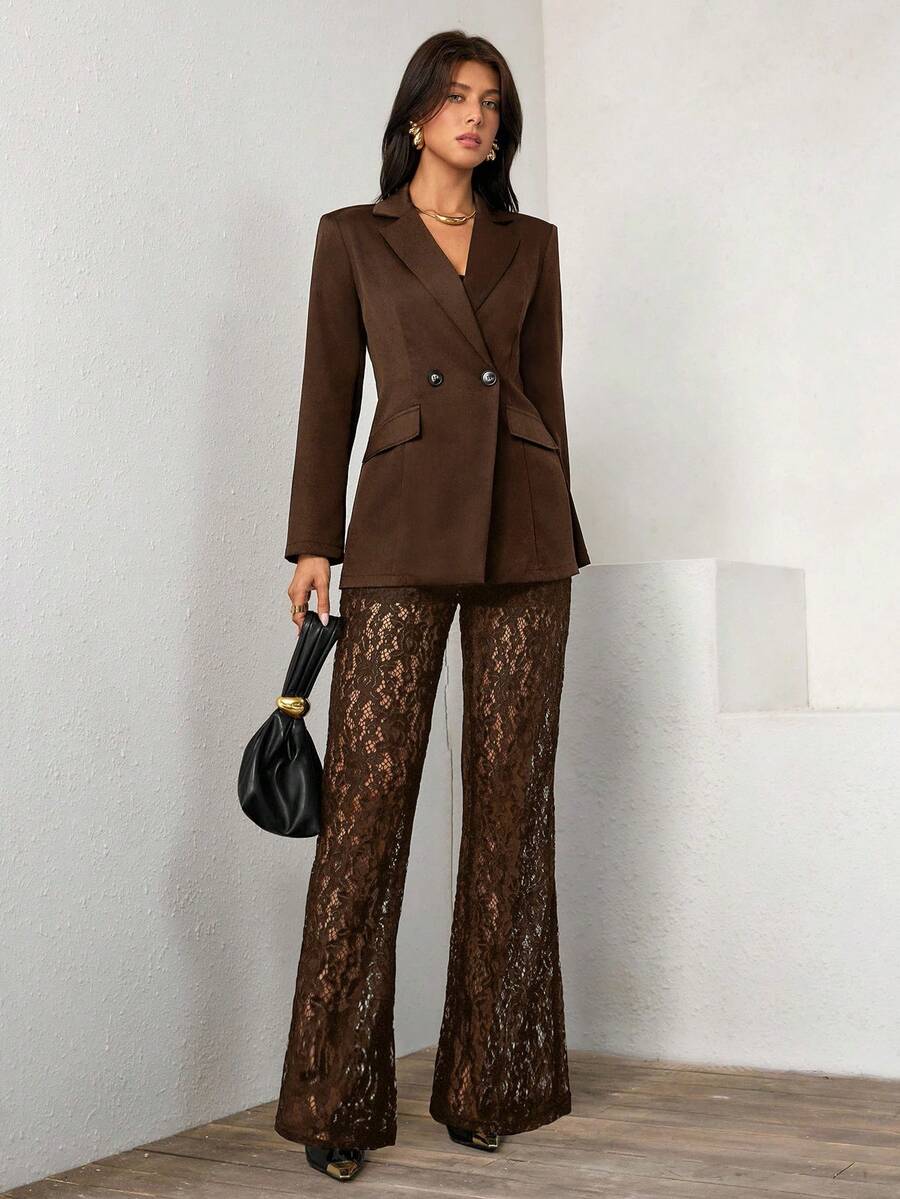 Islaluna Women's Elegant Loose Double-Breasted Long Sleeve Blazer Jacket And Flared Lace Pants Set, Spring/Autumn