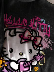 HELLO KITTY AND FRIENDS | SHEIN 大码女式休闲时尚街头趣味可爱卡通字母印花水洗宽松T恤，夏季 - 白色 - 查看 6
