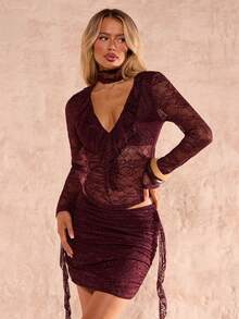 SHEIN Glamour Women's 2 Pieces Sets Burgundy Autumn Elegant Night Out V Neck Lace Sheer Mini Skirt Set,Wine Red Maroon Floral Party Club Birthday Holiday Set - Redwood - View 1