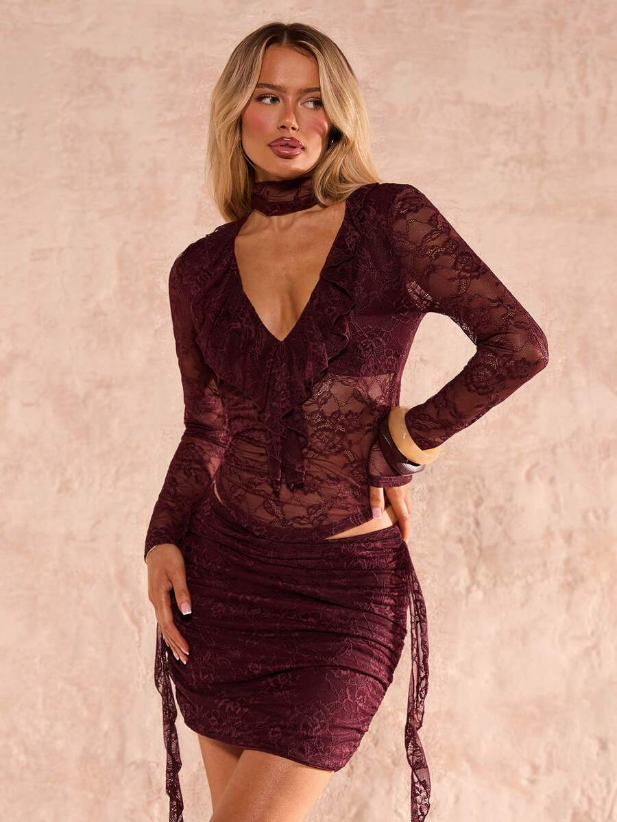 SHEIN Glamour Women's 2 Pieces Sets Burgundy Autumn Elegant Night Out V Neck Lace Sheer Mini Skirt Set,Wine Red Maroon Floral Party Club Birthday Holiday Set - Redwood - View 1