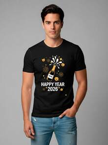 Camiseta para hombre de 100% algodón con cuello redondo y manga corta para hombre ideal para temporada de festividades y fiestas de año nuevo, celebraciones 2025 2026 Nuevos inicios y comienzos 31 Diciembre Happy New Year - Negro - Ver 1
