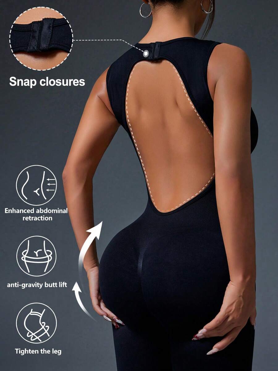 SHEIN Sports Slayoga纯色圆领无袖露背连体裤,夏季运动款 - 黑色 - 查看 1