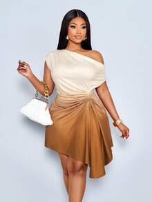 SOLERSUN Plus-Size Elegant Everyday Date Dress With Asymmetrical Gradient Gradient Neckline And Drawstring. - Brown - View 2