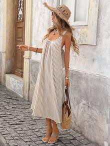 Brillora 女士时尚优雅休闲度假沙滩日常连衣裙，棕色条纹连衣裙，白色条纹连衣裙 - 棕色 - 查看 1