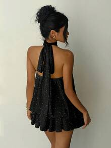 Aloruh 女士休闲性感露背灯笼迷你连衣裙，适合派对、晚宴等场合，黑色连衣裙 - 彩色 - 查看 2