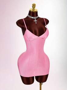Amplova Pink Bodycon Mini Camisole Dress With Padded Bust, Sexy And Avant-Garde - Pink - View 5