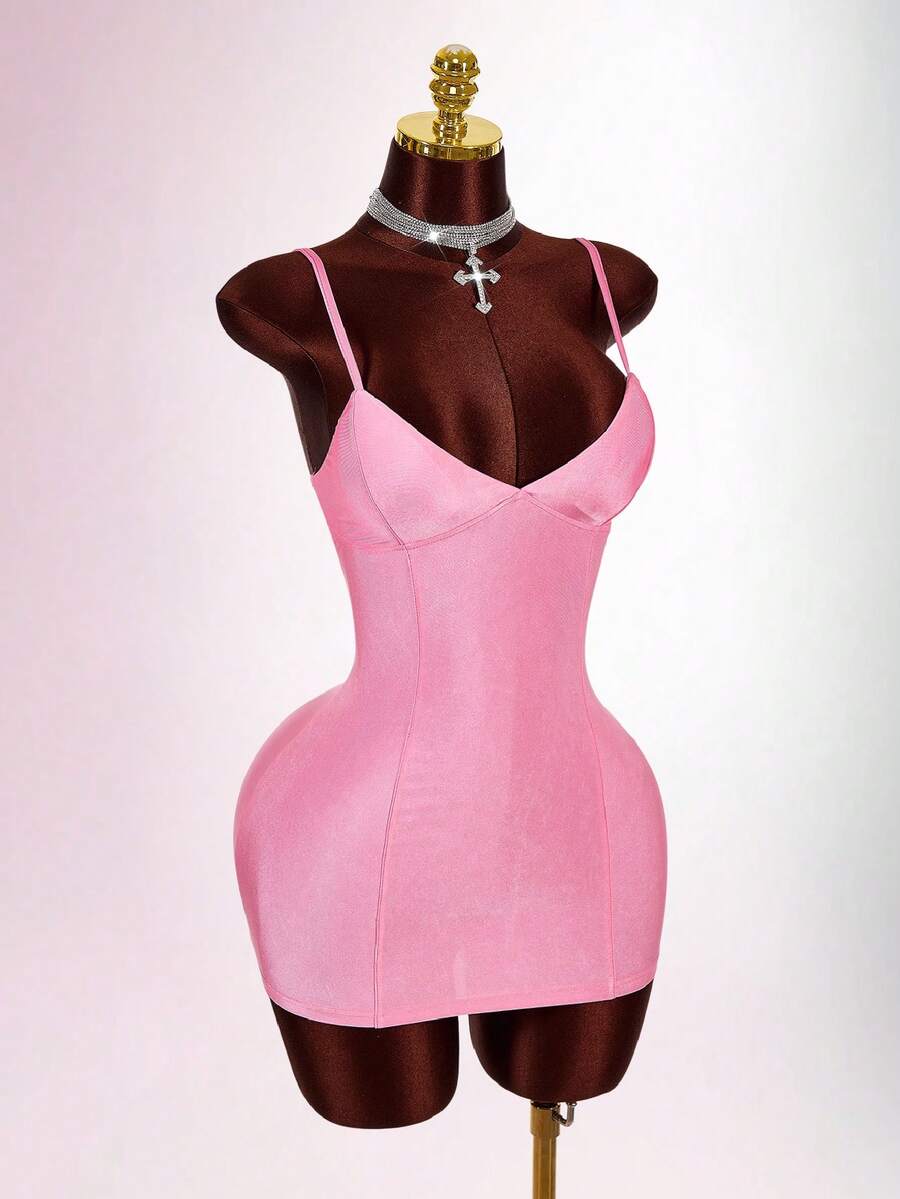 Amplova Pink Bodycon Mini Camisole Dress With Padded Bust, Sexy And Avant-Garde - Pink - View 1