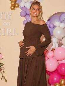 Loomaby 2pcs Maternity Elegant Party Solid Color Asymmetric Neck Top And Skirt Set Dress Gender Reveal Dress Maternity Dress Baby Shower Dress Brown Maternity Dress Long Brown Dress Pregnancy Dress For Photoshoot Chocolate Brown Dress Dress For Pregnant Woman - Coffee Brown - View 4