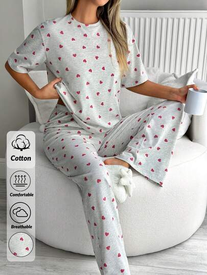 EURMUSE Cotton Women 2 Pcs Heart Pattern Round Neck SHORT Sleeve Top&Sleep Pants Homewear Comfort Lounge Pajama Set For Ladies