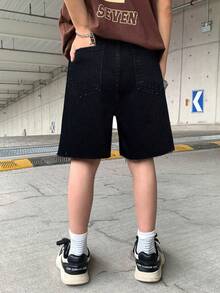 SHEIN Tween Boy Fashion Casual Y2k Vintage Cool Sparkling Letter Rhinestone Design Black Loose Denim Shorts Soft Dailywear And Fall And Autumn Or Winter Back To School Homecoming Rave Festival And Beach Streetwear School Rhinestone Shorts Sparkly Denim Shorts - Black - View 2