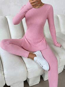 女士纯色圆领长袖侧开衩下摆T恤和打底裤休闲两件套 - 粉色 - 查看 6