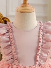 SHEIN Glamorique Kids 3D立体花卉网纱河畔蕾丝蝴蝶结装饰婴儿/幼儿女童正式礼服