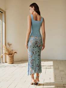 Anewsta Đầm nữ thanh lịch dây mảnh cổ vuông phối họa tiết hoa rỗng, thích hợp cho mùa hè. - Màu xanh lam - Xem 2