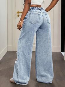 Slaydiva Plus Size Women Distressed Wide Leg Loose Casual Jeans - Light Wash - View 3
