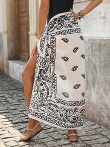 Brillora Women's Vacation Cashew Print Side Tie Fashionable Cover-Up & Mini Skirt - Black and White - View 2