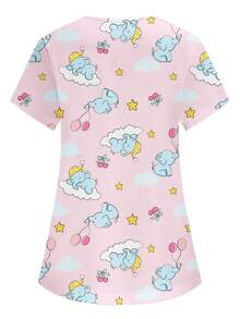 PopScrub Women's Pink V-Neck Short Sleeve Blouse With Dual Pockets, Featuring Cute Animal Elephant, Star, Cherry Cartoon Prints, Floral Prints, Nurse/Doctor Uniform Top, Solid Color Pet Grooming Uniform Top, Nutritionist Scrub Top, Multi-Pocket Functional Work Wear, Functional Women's Holiday Outfit, Adorable, Casual - Pink - View 2