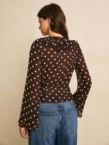 Poéselle 女士性感时尚衬衫，荷叶边下摆，深V领，波点印花，喇叭袖 - 棕色 - 查看 6