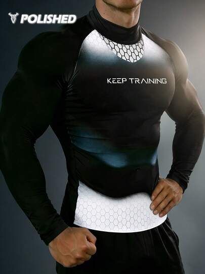 Manfinity Sport Polished Men's Stand Collar Raglan Sleeve Long Sleeve Casual Gradient Breathable Sports T-Shirt Compression Shirt Men