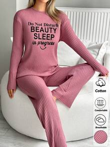 EURMUSE Beauty Sleep Club – Ribbed Knit Lounge Set With Graphic Slogan Top & Cozy Wide-Leg Pants, Soft Touch, Relaxed Fit PJ Co-Ord
