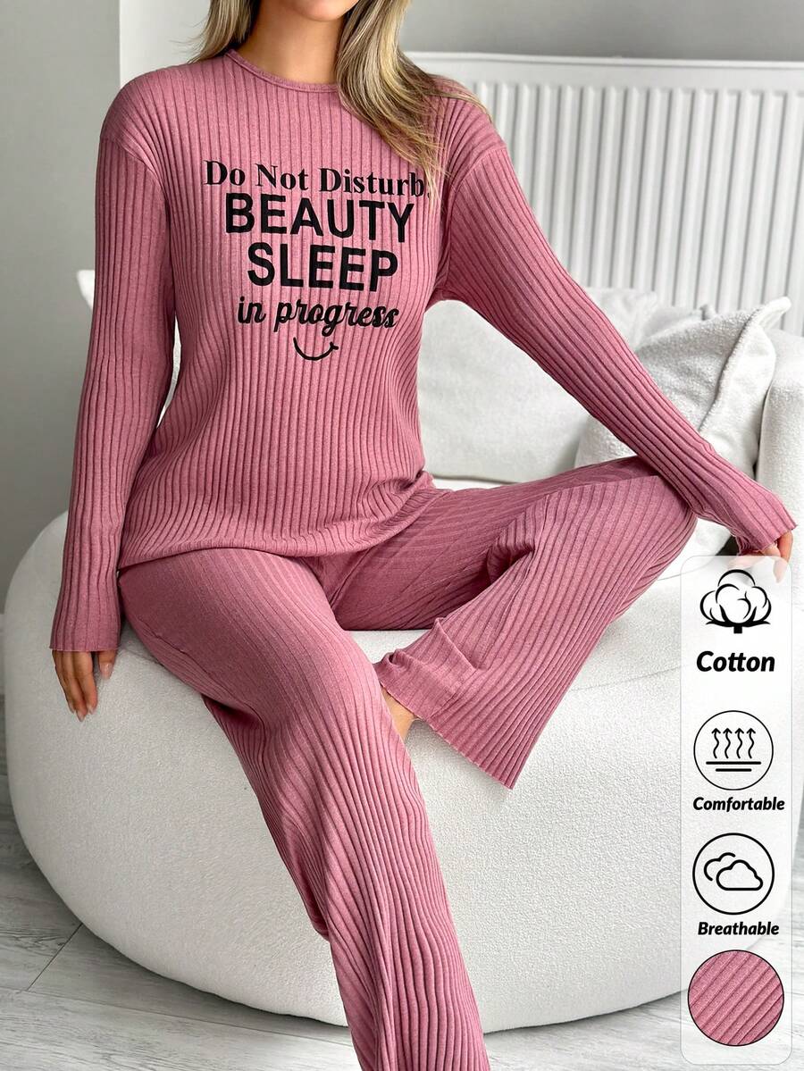 EURMUSE Beauty Sleep Club – Ribbed Knit Lounge Set With Graphic Slogan Top & Cozy Wide-Leg Pants, Soft Touch, Relaxed Fit PJ Co-Ord