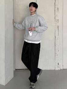 DAZY 男士灰色字母刺绣抓绒套头卫衣，秋冬款 - 灰色 - 查看 7