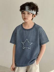 DAZY Tween Boy Casual Washed Star Patch Denim Shirt