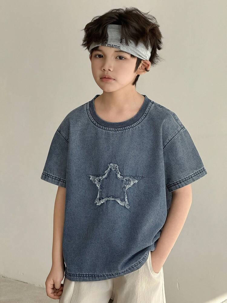 Tween Boy Casual Washed Star Patch Denim Shirt Spring