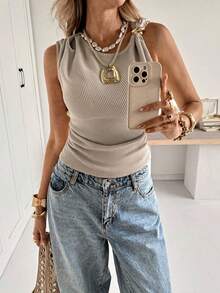 Siren Gaze 女士保暖内衬金属扣吊带背心，秋冬季 - 杏色 - 查看 1