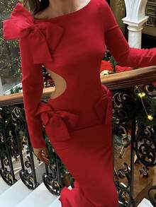 Siren Gaze Women's Dark Red Long Sleeve Elegant Waist Cinched Bowknot Decor Split Dress,Autumn Christmas Party Outfit,New Year Eve Valentine's Day Date Dress - Fiery Red - View 7
