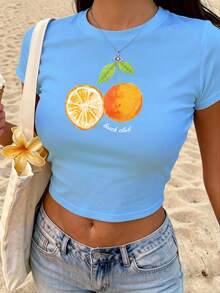 Sundraya 女士字母水果印花圆领短袖休闲露脐T恤 - 藍色 - 查看 1