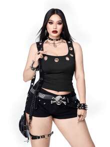 Whyspr Fashionable Black Hollow Eye Design Casual Minimalist Slim Fit Cropped Camisole