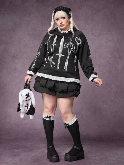 Plus Size Y2K Harajuku Dark Gothic Lace Trim Black Pullover Sweatshirt Jacket, Plus Size Autumn/Winter Creative Butterfly Print Pattern Black Pullover Pullover Sweatshirt Jacket