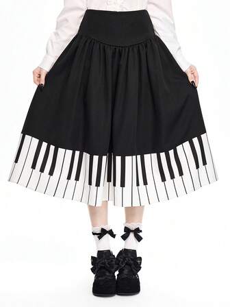 Jupe évasée à motif de touches de piano gothique pour femmes