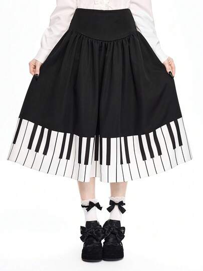 Goth Gonna a-line da donna con motivo a tasti di pianoforte in stile gotico