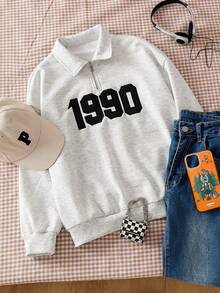 SHEIN 少女休闲街头风刺绣字母“1990”复古红色文字街头服饰Polo衫 - 灰色 - 查看 6