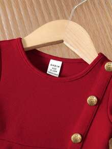 Baby Girl Cute Minimalist Navy Button Decor Long Sleeve Dress, Autumn/Winter  Fashion - Red - View 5