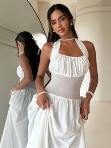 Aloruh Robe de plage, de vacances ou de rendez-vous élégante pour femmes, en tissu texturé blanc, avec un col ras-du-cou froncé et une taille attachée - Blanc - Voir 4
