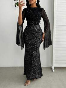 SHEIN Lady Women's Elegant Party Glitter Cape Sleeve Dress - Black - View 1