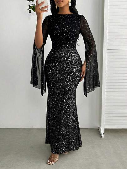 SHEIN Lady 女士优雅派对亮片披肩袖连衣裙