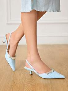 CUCCOO HITCHD Zapatos de tacón elegantes y de moda para fiesta con decoración de rhinestones para mujer - Celeste - Ver 2