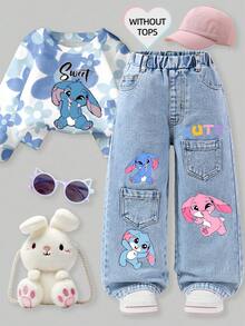 Young Girls Fashion Snowflake Washed Distressed Embroidered Flare Pants - Light Wash - View 6